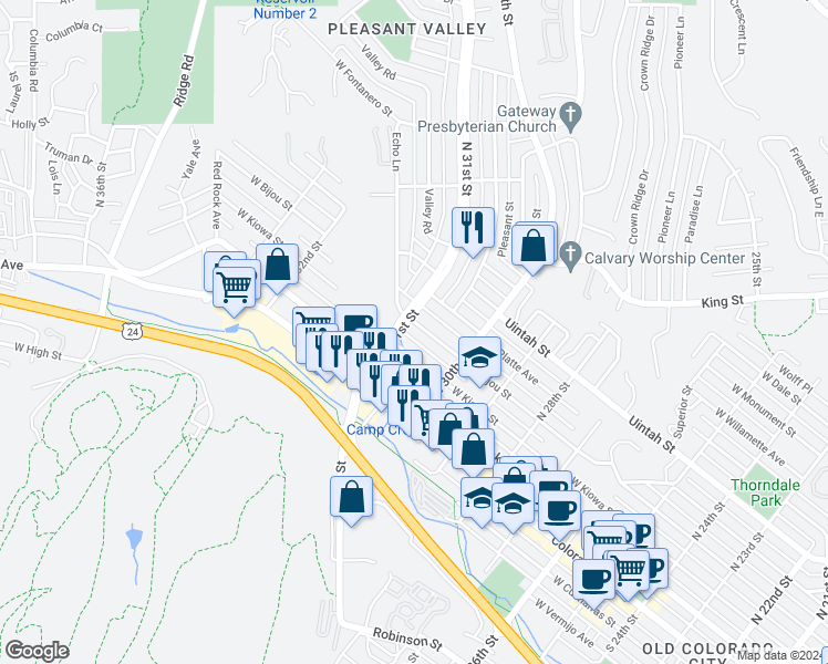 map of restaurants, bars, coffee shops, grocery stores, and more near 3033 West Bijou Street in Colorado Springs