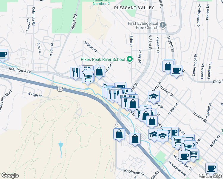 map of restaurants, bars, coffee shops, grocery stores, and more near 3150 Colorado Avenue in Colorado Springs