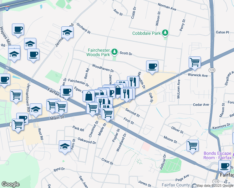 map of restaurants, bars, coffee shops, grocery stores, and more near 10839 Fairchester Dr in Fairfax