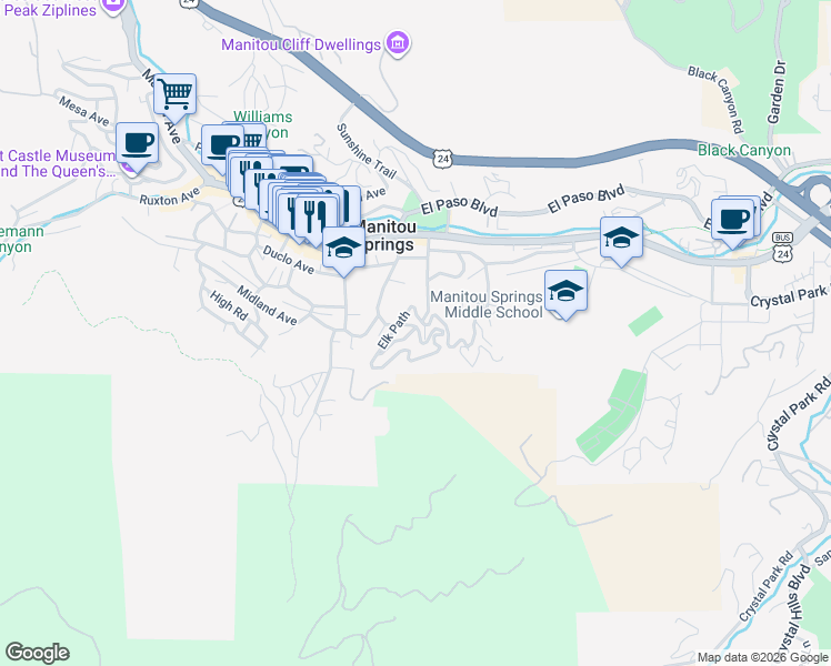 map of restaurants, bars, coffee shops, grocery stores, and more near 202 Oklahoma Road in Manitou Springs