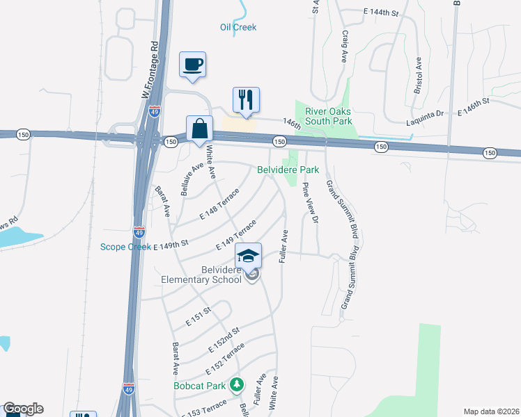 map of restaurants, bars, coffee shops, grocery stores, and more near 6402 East 149 Terrace in Grandview
