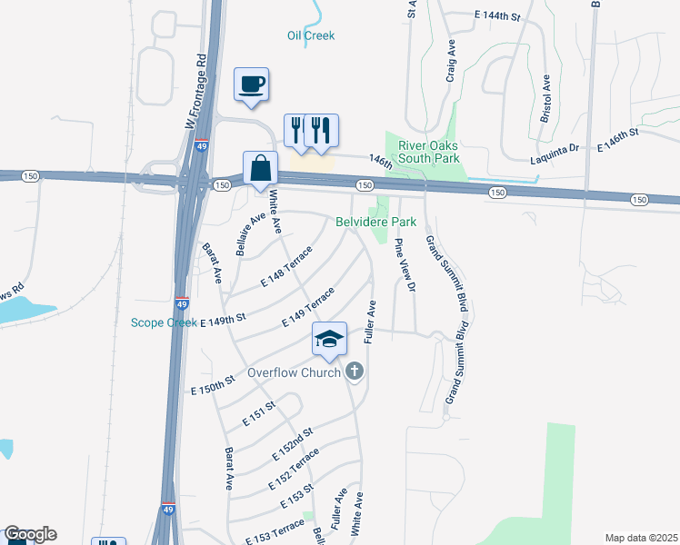 map of restaurants, bars, coffee shops, grocery stores, and more near 6402 East 149 Terrace in Grandview