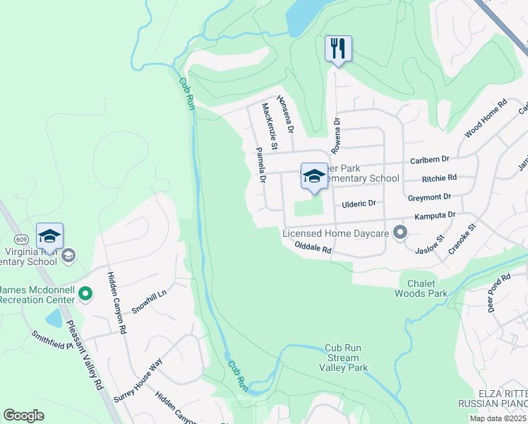map of restaurants, bars, coffee shops, grocery stores, and more near 5818 Pamela Drive in Centreville