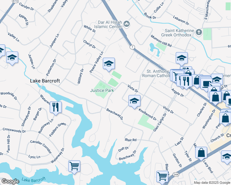 map of restaurants, bars, coffee shops, grocery stores, and more near 3335 Mansfield Road in Falls Church