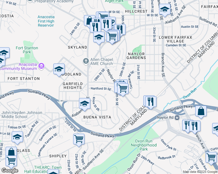 map of restaurants, bars, coffee shops, grocery stores, and more near 2844 Hartford Street Southeast in Washington