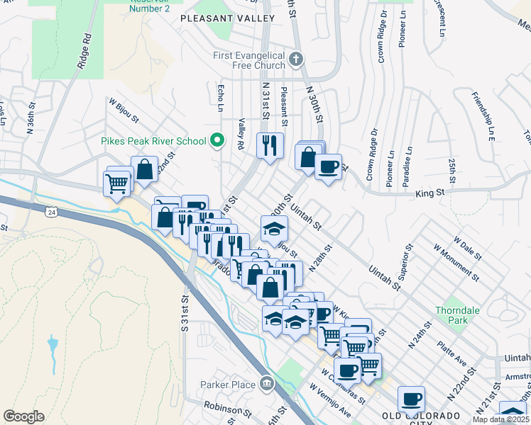 map of restaurants, bars, coffee shops, grocery stores, and more near 3011 West Platte Avenue in Colorado Springs