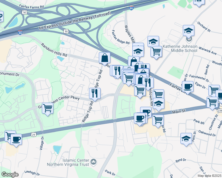 map of restaurants, bars, coffee shops, grocery stores, and more near 11199 Waples Mill Road in Fairfax