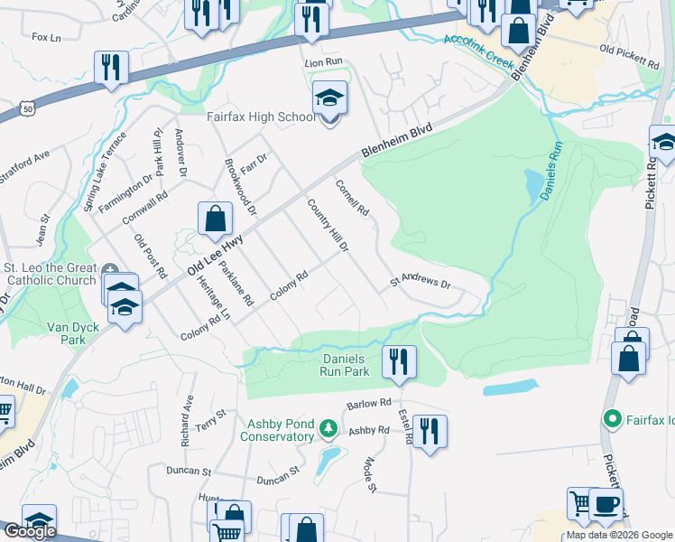 map of restaurants, bars, coffee shops, grocery stores, and more near 3526 Queen Anne Drive in Fairfax