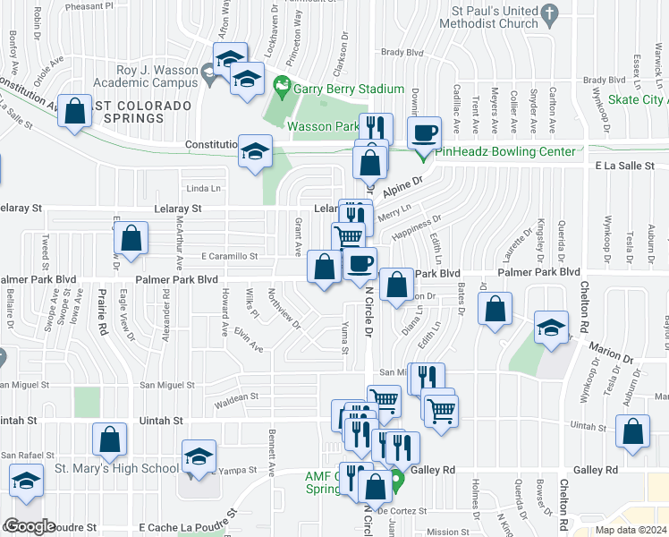 map of restaurants, bars, coffee shops, grocery stores, and more near 2718 Palmer Park Boulevard in Colorado Springs