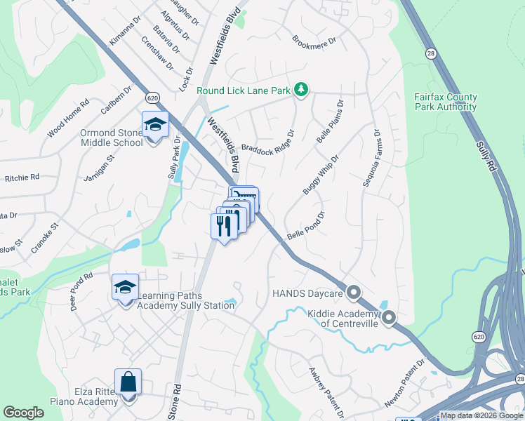 map of restaurants, bars, coffee shops, grocery stores, and more near 5516 Village Center Drive in Centreville