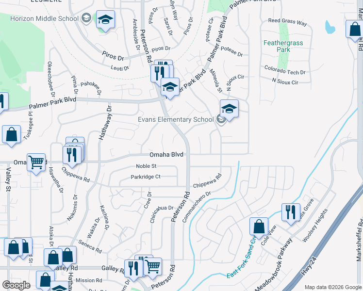 map of restaurants, bars, coffee shops, grocery stores, and more near 1540 Peterson Road in Colorado Springs