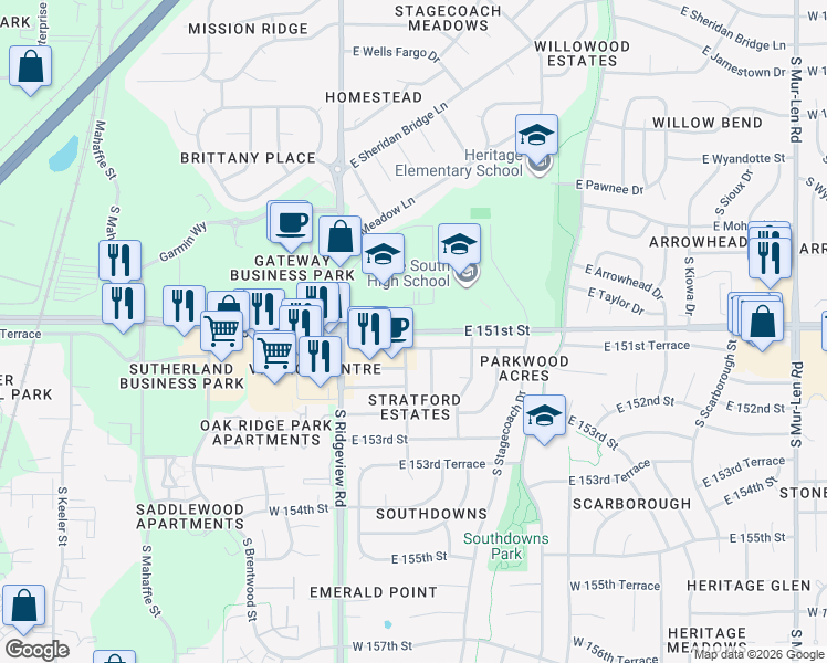 map of restaurants, bars, coffee shops, grocery stores, and more near 1440 East 151st Street in Olathe