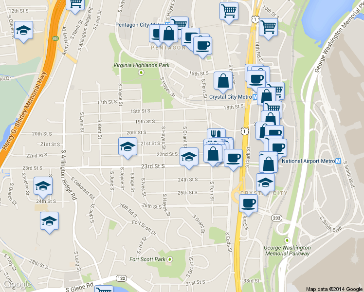 map of restaurants, bars, coffee shops, grocery stores, and more near 704 21st Street South in Arlington