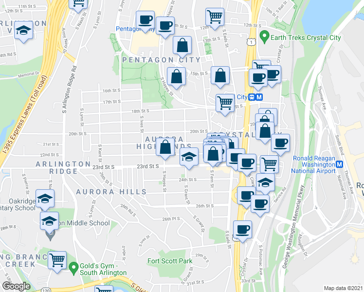map of restaurants, bars, coffee shops, grocery stores, and more near 704 21st Street South in Arlington