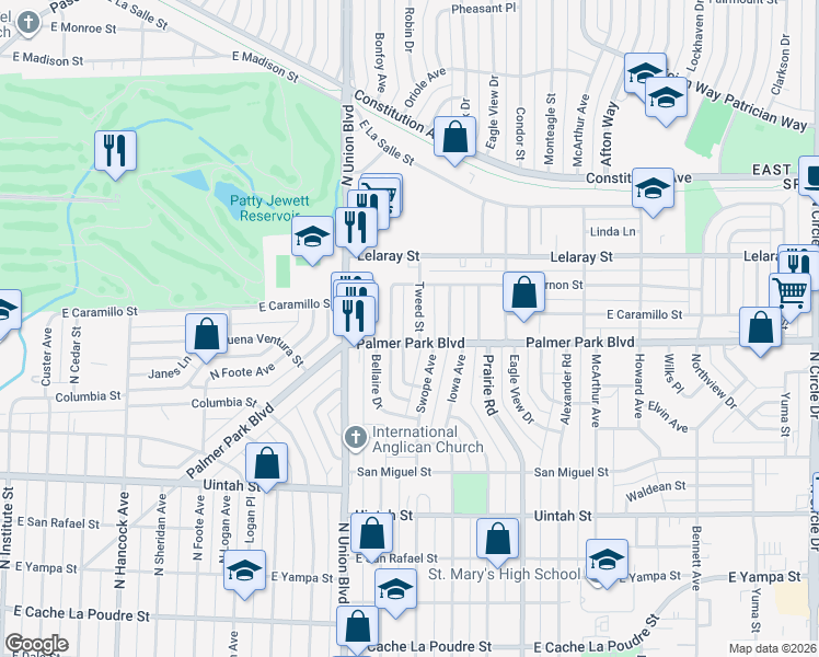 map of restaurants, bars, coffee shops, grocery stores, and more near 1508 Tweed Street in Colorado Springs