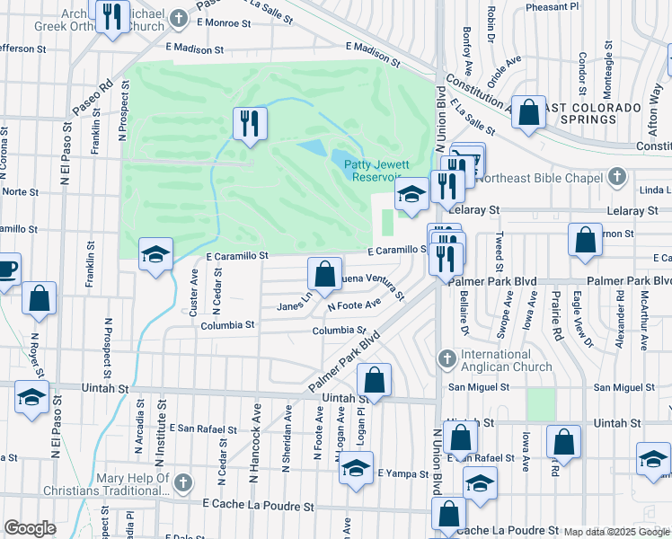 map of restaurants, bars, coffee shops, grocery stores, and more near 1412 East Buena Ventura Street in Colorado Springs