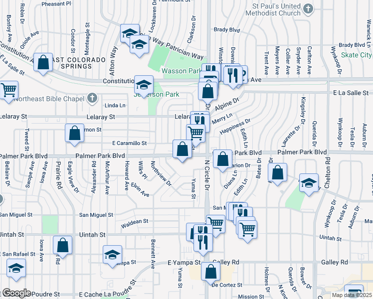 map of restaurants, bars, coffee shops, grocery stores, and more near 1506 Yuma Street in Colorado Springs