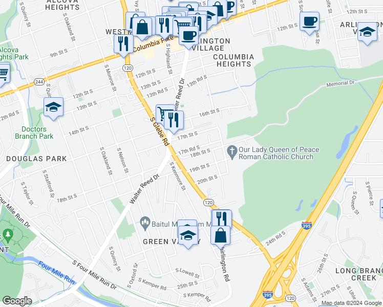 map of restaurants, bars, coffee shops, grocery stores, and more near 3013 18th Street South in Arlington