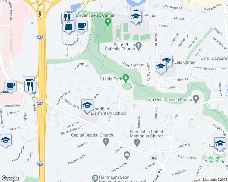 map of restaurants, bars, coffee shops, grocery stores, and more near 3315 Elm Terrace in Falls Church