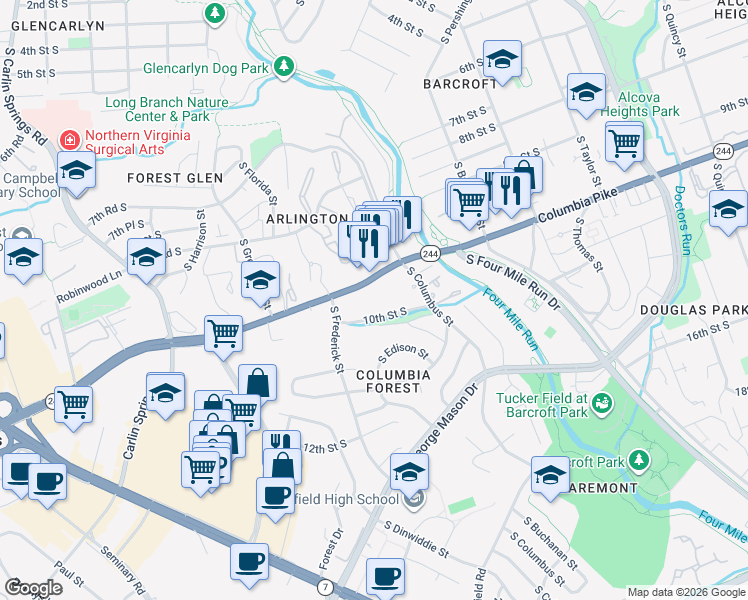 map of restaurants, bars, coffee shops, grocery stores, and more near 5106 Virginia 244 in Arlington