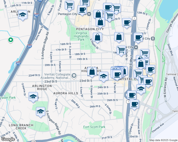map of restaurants, bars, coffee shops, grocery stores, and more near 808 21st Street South in Arlington