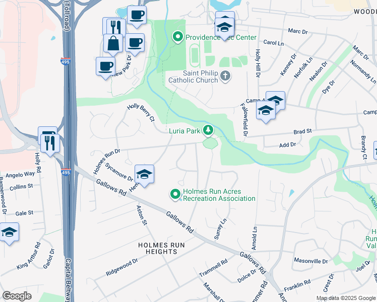 map of restaurants, bars, coffee shops, grocery stores, and more near 3315 Elm Terrace in Falls Church