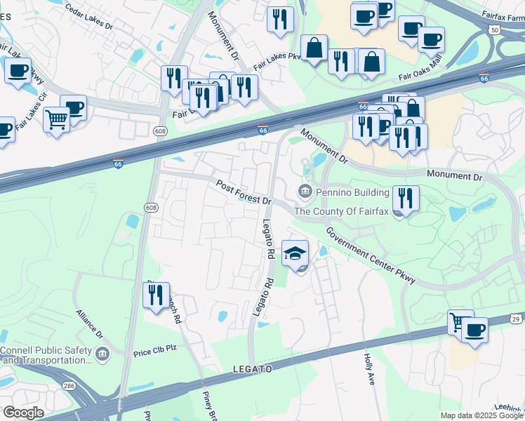 map of restaurants, bars, coffee shops, grocery stores, and more near 4405 Weatherington Lane in Fairfax