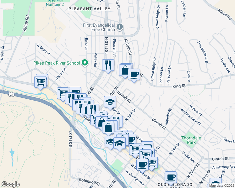 map of restaurants, bars, coffee shops, grocery stores, and more near 2923 W Uintah St in Colorado Springs