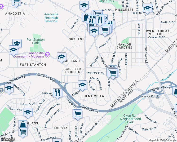 map of restaurants, bars, coffee shops, grocery stores, and more near 2808 Hartford Street Southeast in Washington