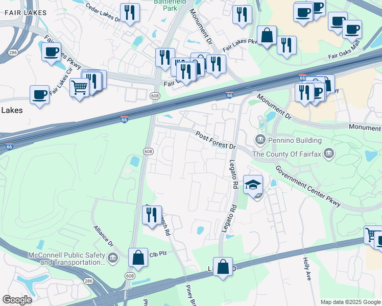 map of restaurants, bars, coffee shops, grocery stores, and more near 12285 Engelmann Oak Lane in Fairfax