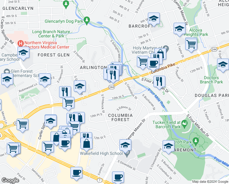 map of restaurants, bars, coffee shops, grocery stores, and more near 903 South Frederick Street in Arlington