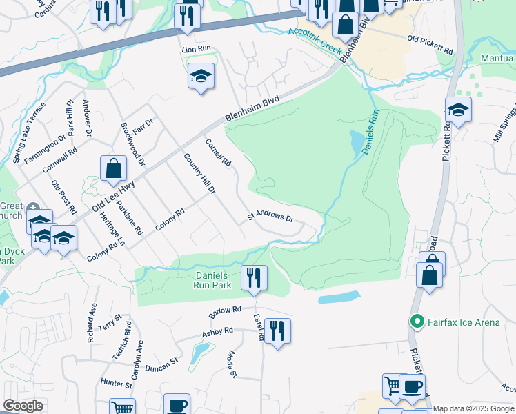 map of restaurants, bars, coffee shops, grocery stores, and more near 9726 Saint Andrews Drive in Fairfax