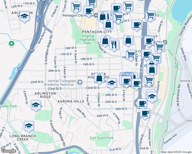 map of restaurants, bars, coffee shops, grocery stores, and more near 808 21st Street South in Arlington