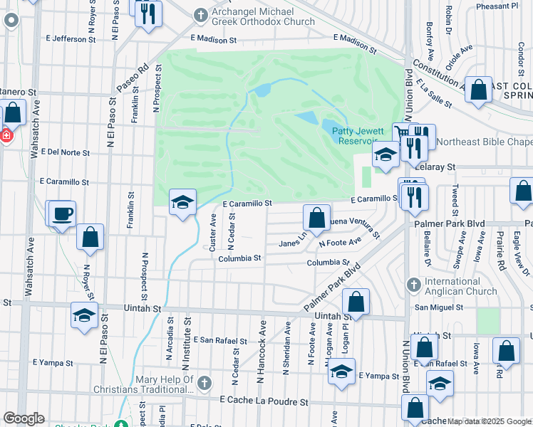 map of restaurants, bars, coffee shops, grocery stores, and more near 1506 North Hancock Avenue in Colorado Springs