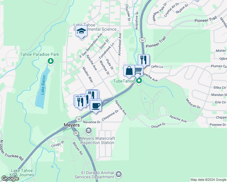 map of restaurants, bars, coffee shops, grocery stores, and more near 1243 Apache Avenue in South Lake Tahoe