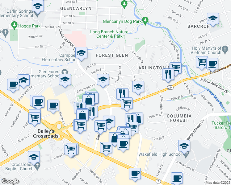 map of restaurants, bars, coffee shops, grocery stores, and more near 857 South Harrison Street in Arlington