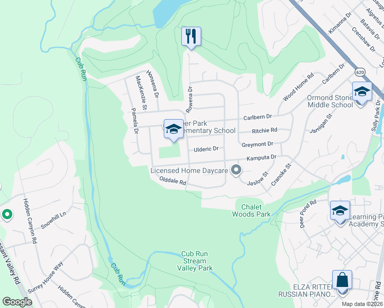 map of restaurants, bars, coffee shops, grocery stores, and more near 5715 Barrymore Road in Centreville
