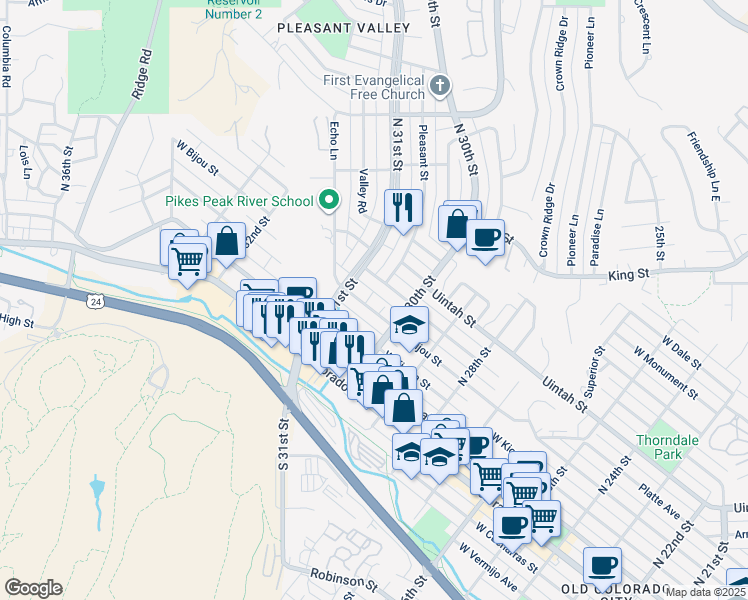 map of restaurants, bars, coffee shops, grocery stores, and more near 3024 West Bijou Street in Colorado Springs