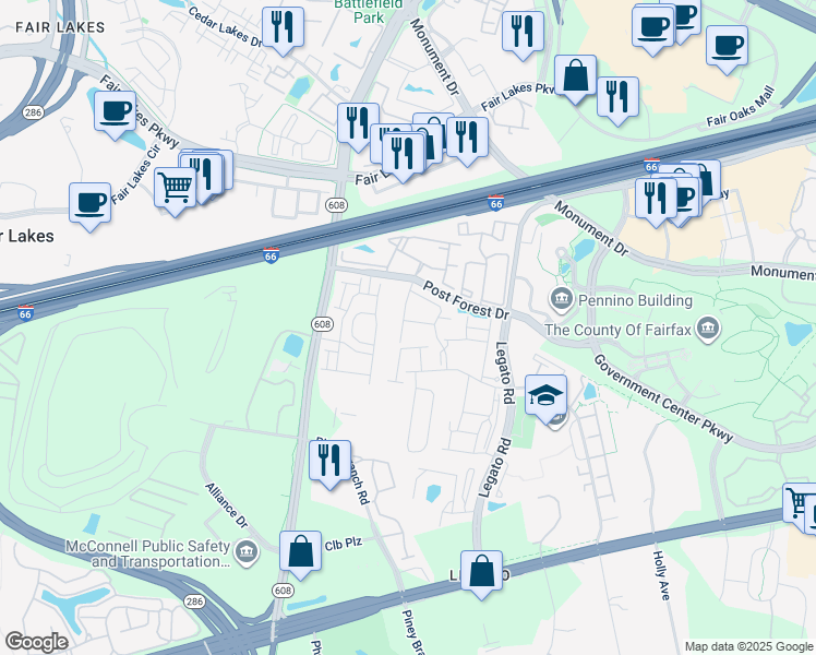 map of restaurants, bars, coffee shops, grocery stores, and more near 12291 Engelmann Oak Lane in Fairfax