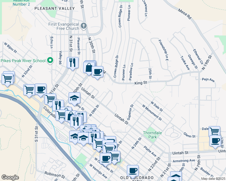 map of restaurants, bars, coffee shops, grocery stores, and more near 415 Wilhelmina Avenue in Colorado Springs
