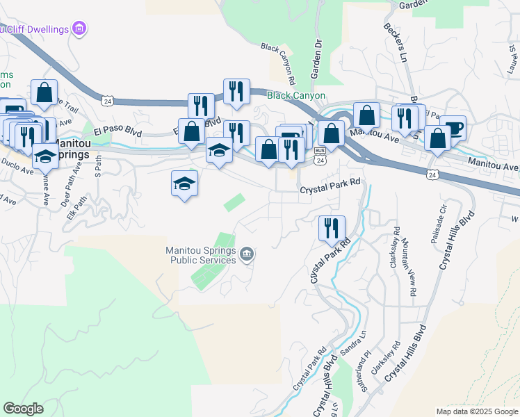 map of restaurants, bars, coffee shops, grocery stores, and more near Plainview Place in Manitou Springs