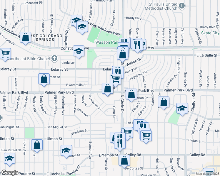 map of restaurants, bars, coffee shops, grocery stores, and more near 2718 Palmer Park Boulevard in Colorado Springs