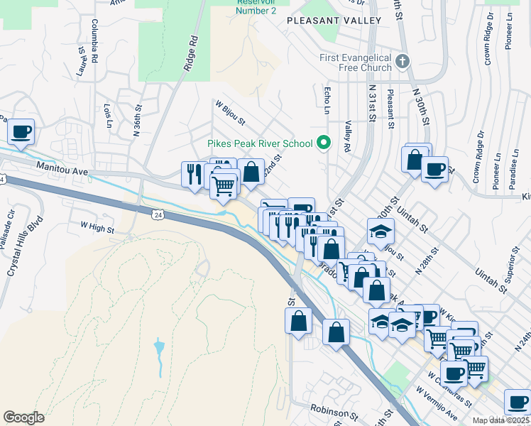 map of restaurants, bars, coffee shops, grocery stores, and more near 3150 Colorado Avenue in Colorado Springs