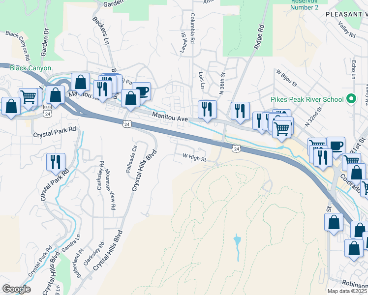 map of restaurants, bars, coffee shops, grocery stores, and more near 3732 West High Street in Colorado Springs