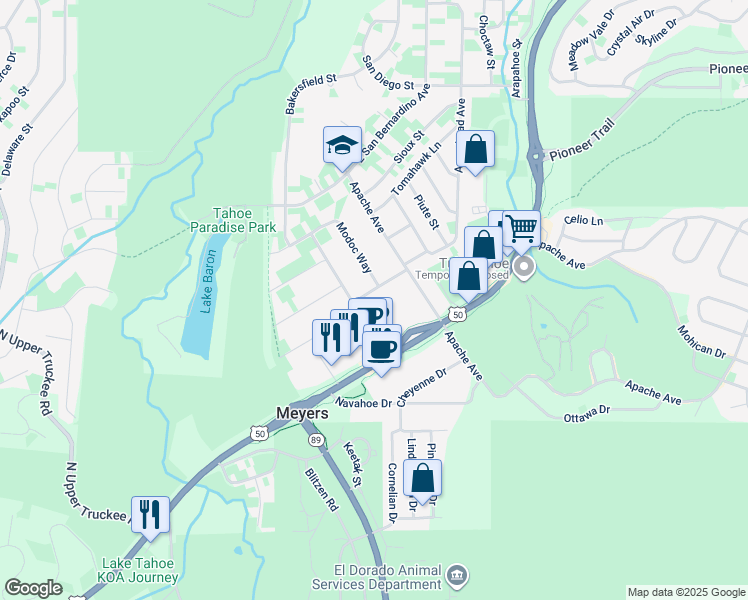 map of restaurants, bars, coffee shops, grocery stores, and more near 2045 Hopi Avenue in South Lake Tahoe