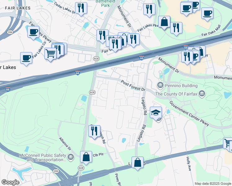 map of restaurants, bars, coffee shops, grocery stores, and more near 12291 Engelmann Oak Lane in Fairfax