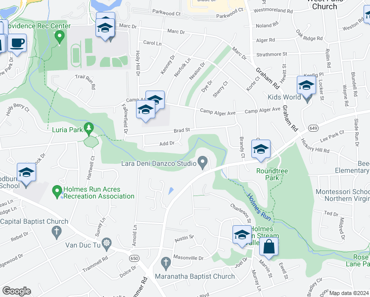 map of restaurants, bars, coffee shops, grocery stores, and more near 3334 Ellis Court in Falls Church