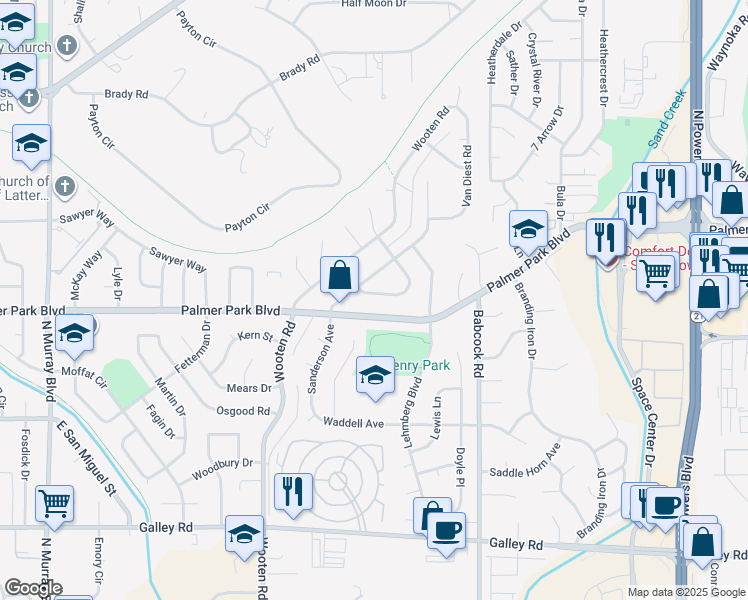 map of restaurants, bars, coffee shops, grocery stores, and more near 5018 Palmer Park Boulevard in Colorado Springs
