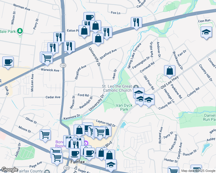 map of restaurants, bars, coffee shops, grocery stores, and more near 3605 University Drive in Fairfax