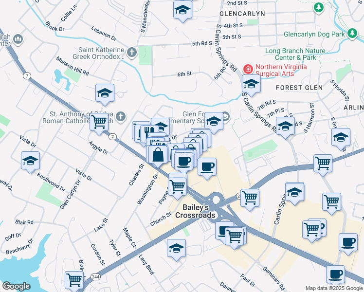 map of restaurants, bars, coffee shops, grocery stores, and more near 3326 Kaywood Drive in Falls Church